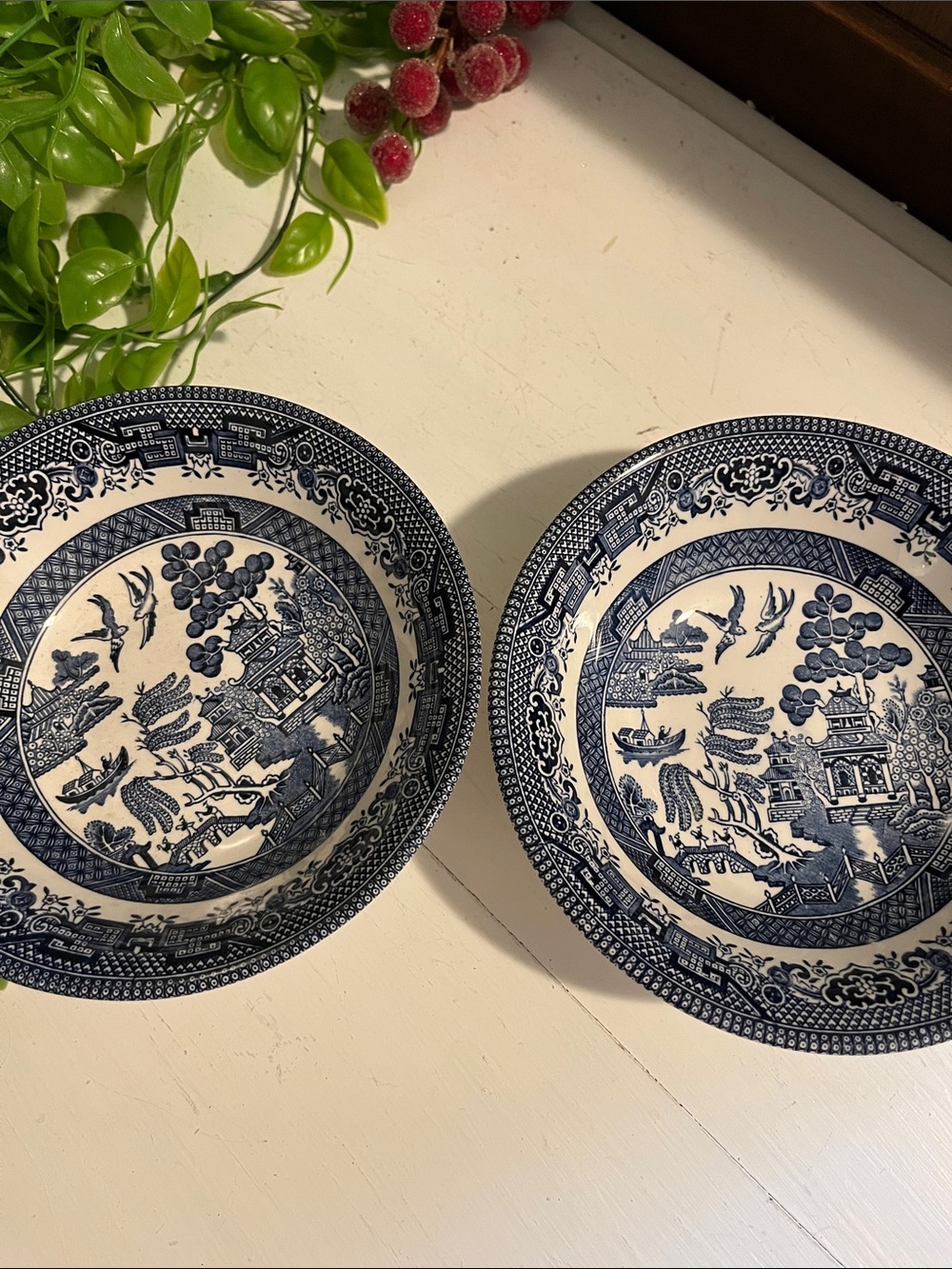 2 WEEPING WILLOW Bowls Blue Transfer Ware On White - Marked: Church Hill England